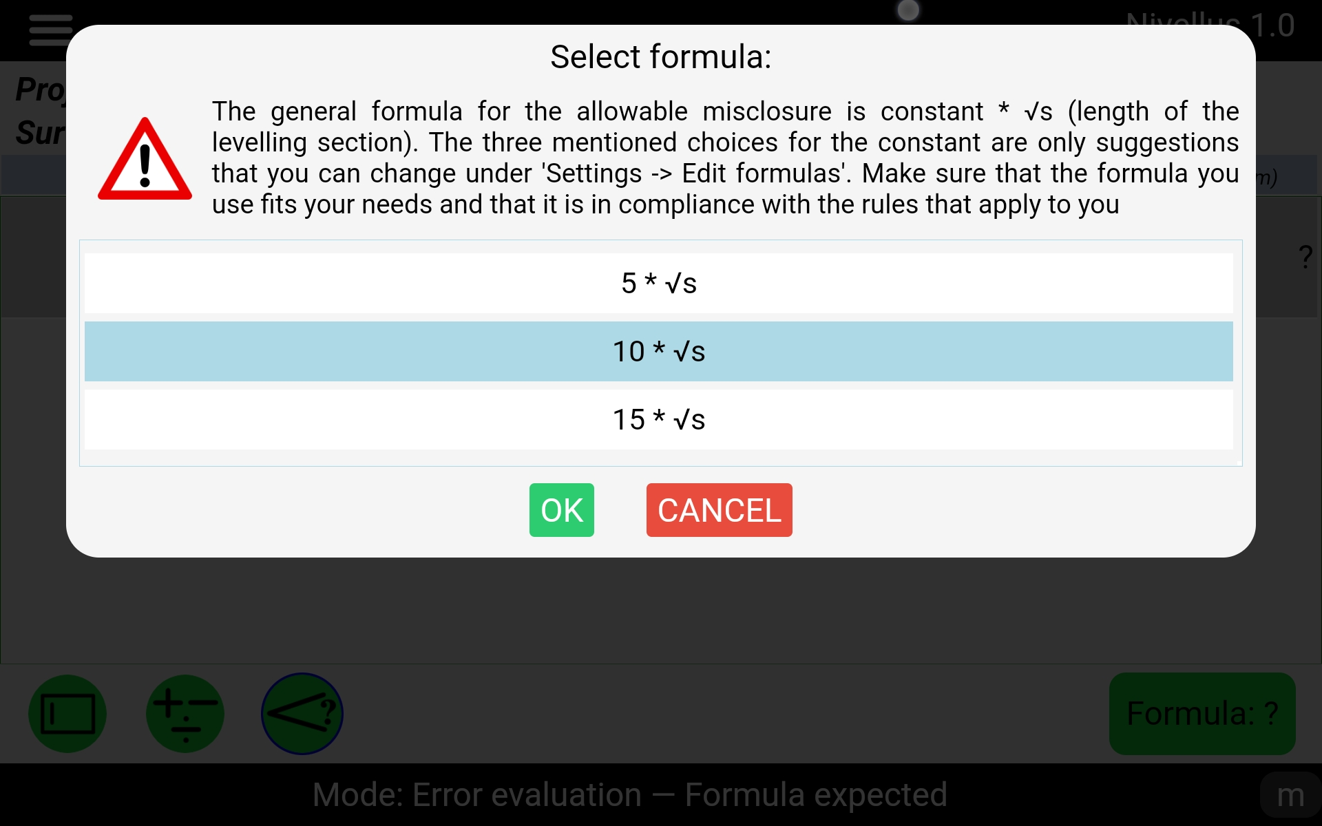 Select formula for calculation of the allowable misclosure