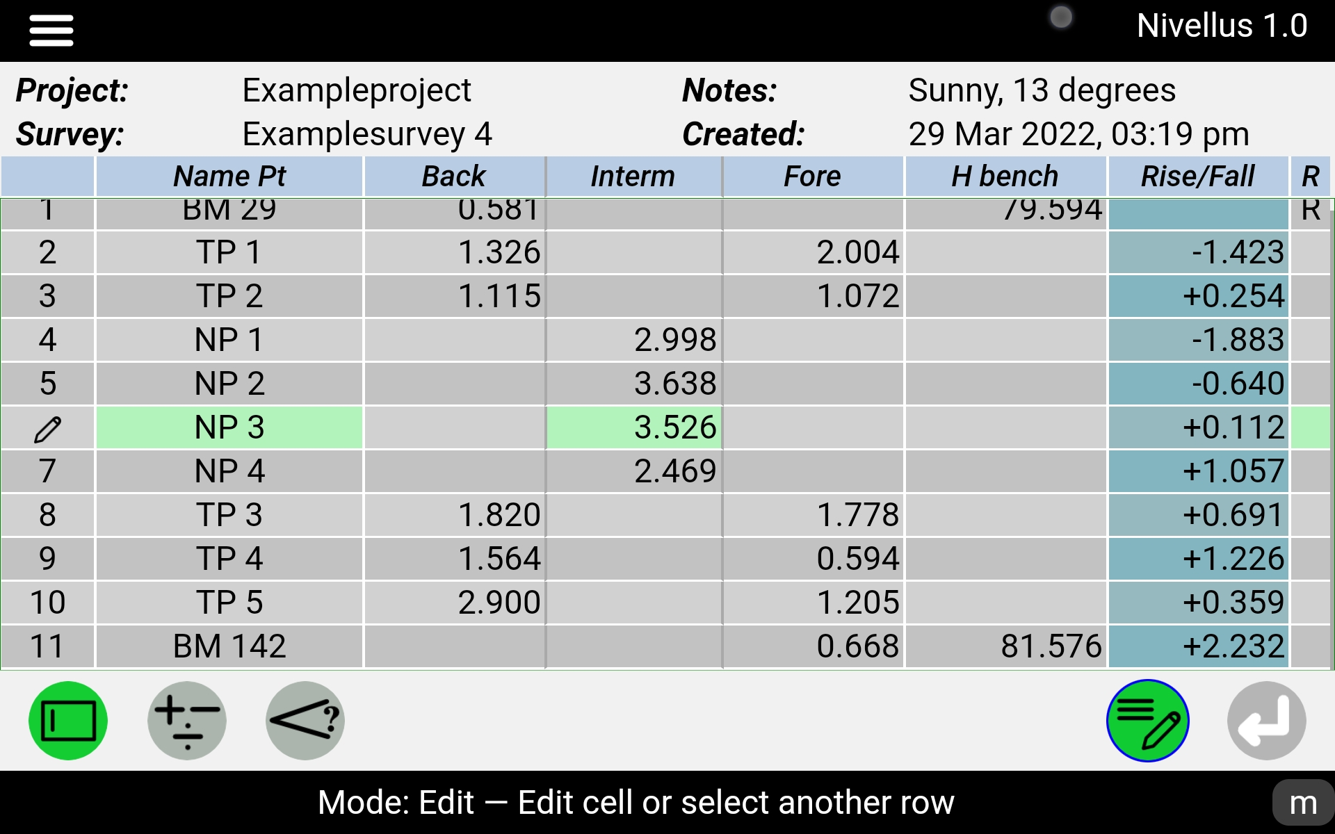 Nivellus edit differnetial levelling table