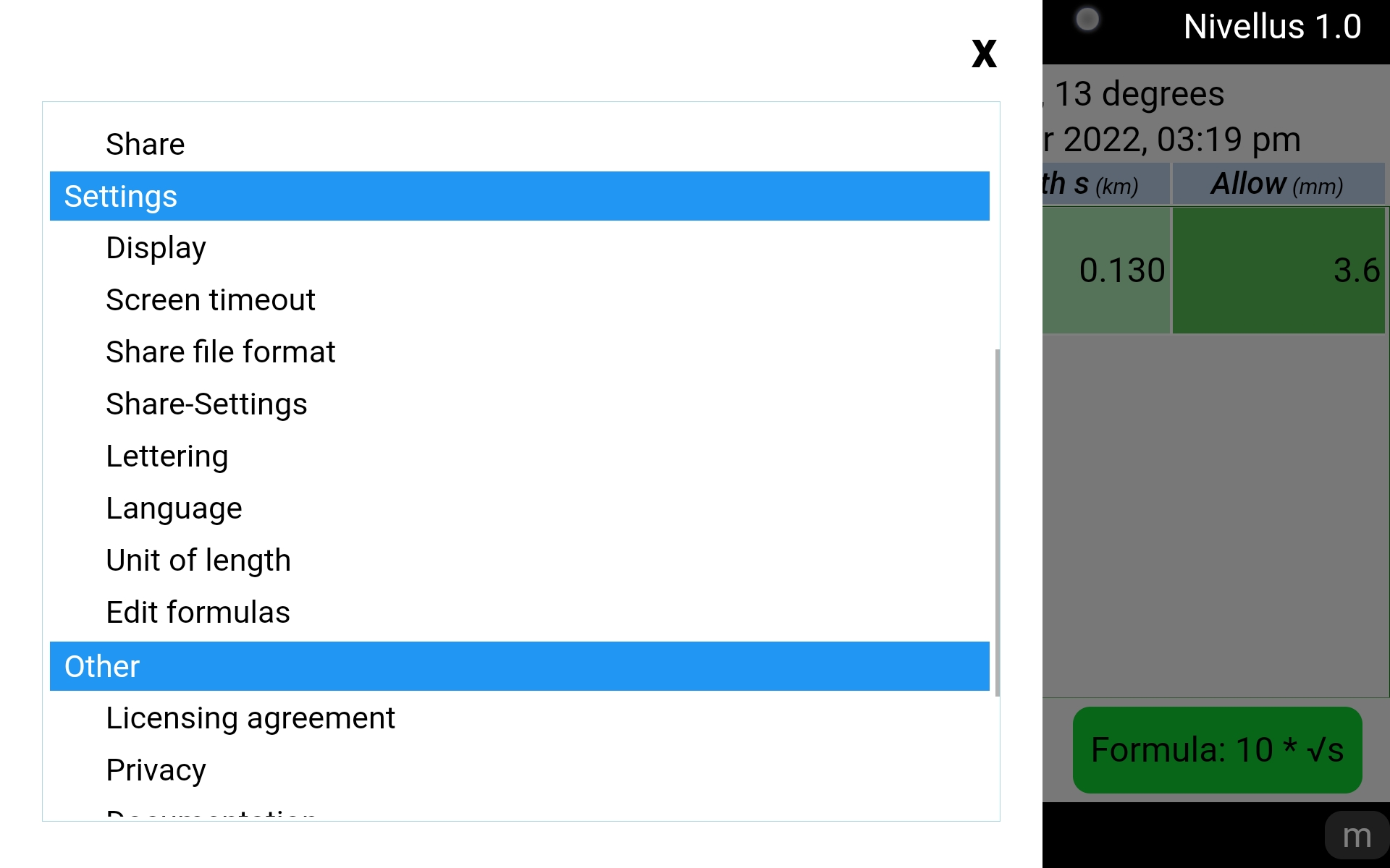 Differential leveling app - menu settings